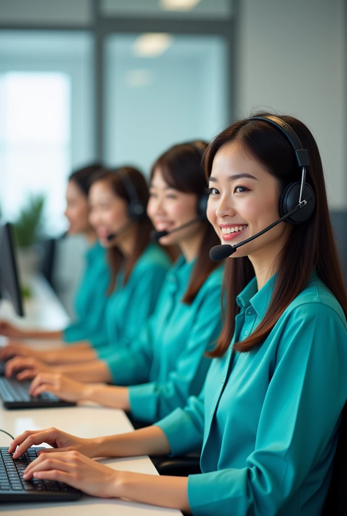Four asia women are calling customer via softphone. They wear turquoise uniform. 