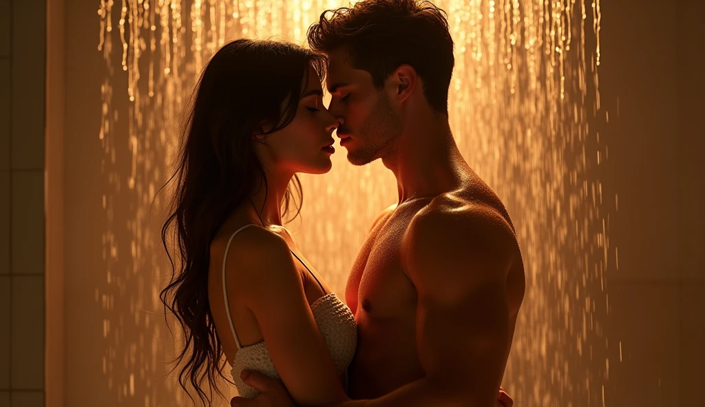 A sensual 30 year old woman, with an attractive dress, is passionately hugging a 19-year-old boy under a shower. The scene conveys a warm connection between the two.