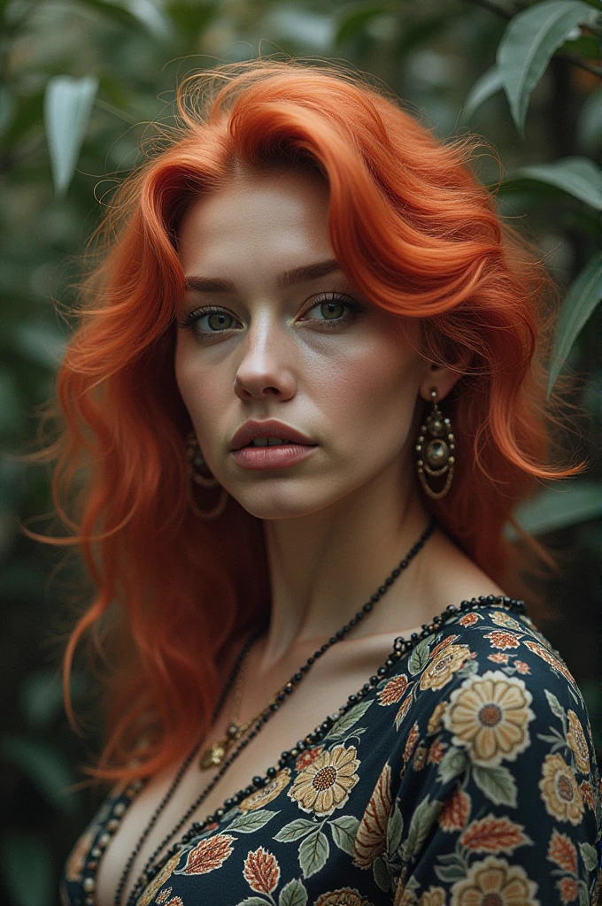 Une femme au cheveux rouge avec un turban en wax douce un peu rock.
Elle est photographe