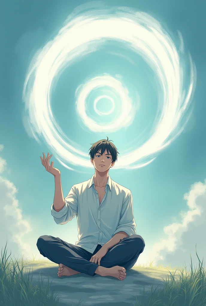 A man off sitting, right hand a finger 2cm distance circl white colour flow air rotation, anime style