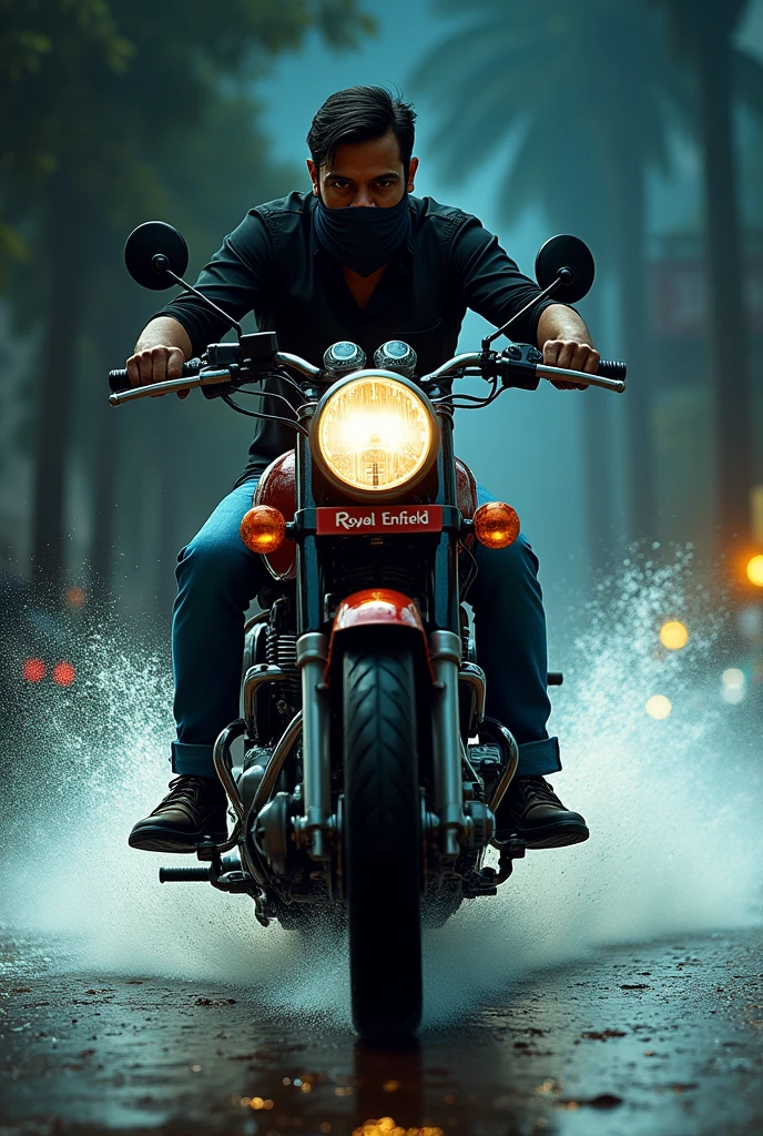30 years Indian man is riding on royal Enfield bike very angry, he wears black shirt,blue jeans, stylish shoes. this is at night time, strong wind is there. His palm of hand covered with blood. His face is hidden with kerchief, Water is splashes with bike.