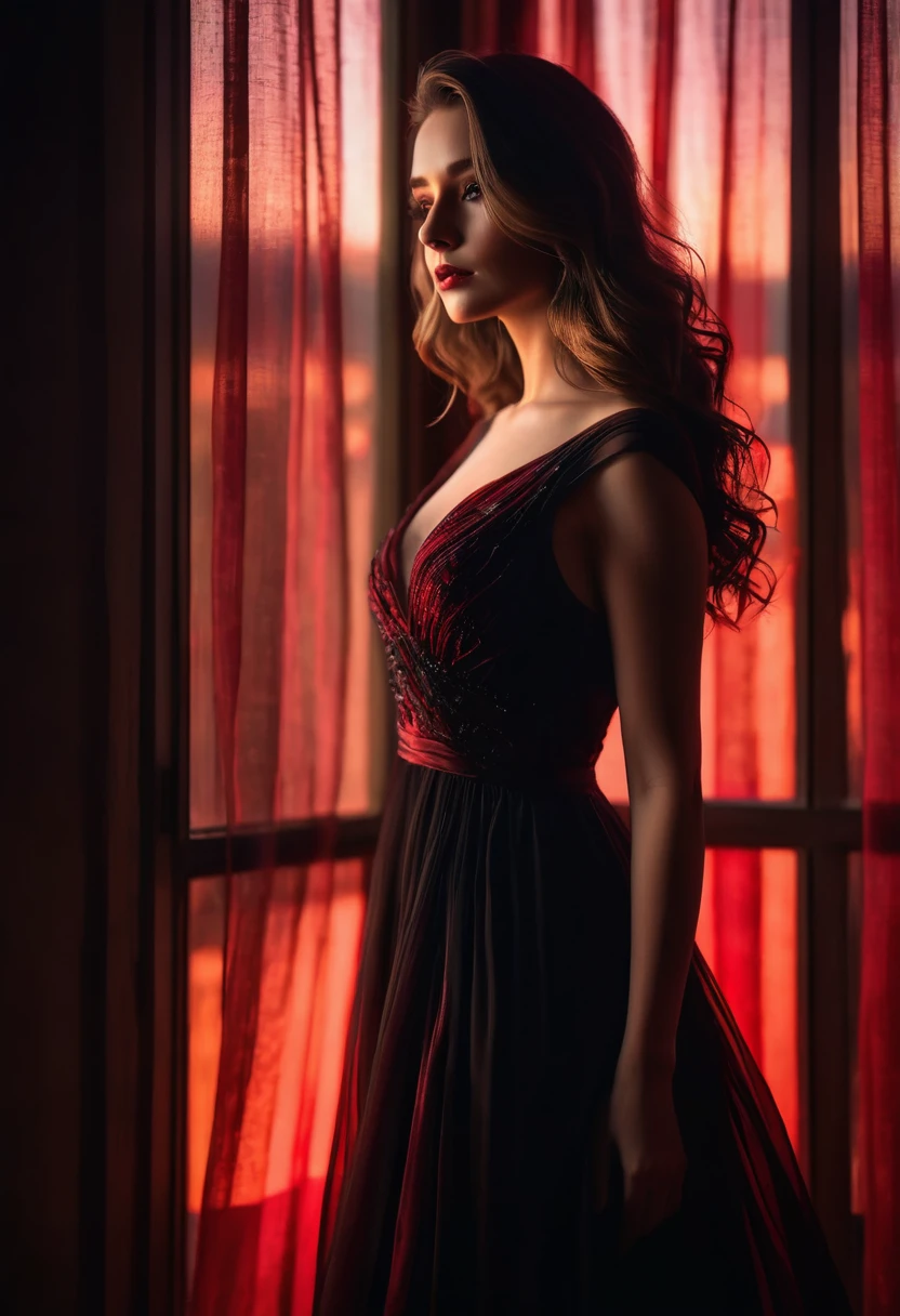 closeup shot, woman in a dress standing in front of a window, romanticism, in evening gown, flowing gown, wearing a flowing dress, mysterious woman, haunting beautiful young woman, wearing a black flowing dress, flowing dress, woman in dress, extremely moody red lighting,