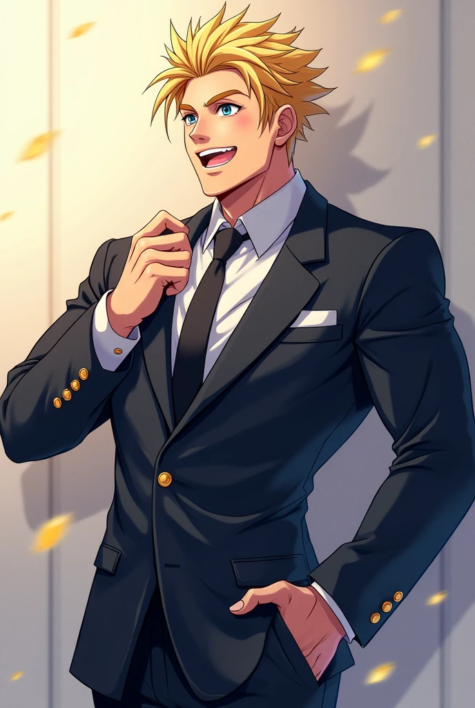 Leo: Muscular, blonde-haired anime character, wearing a dapper suit, looks excited and hopeful
