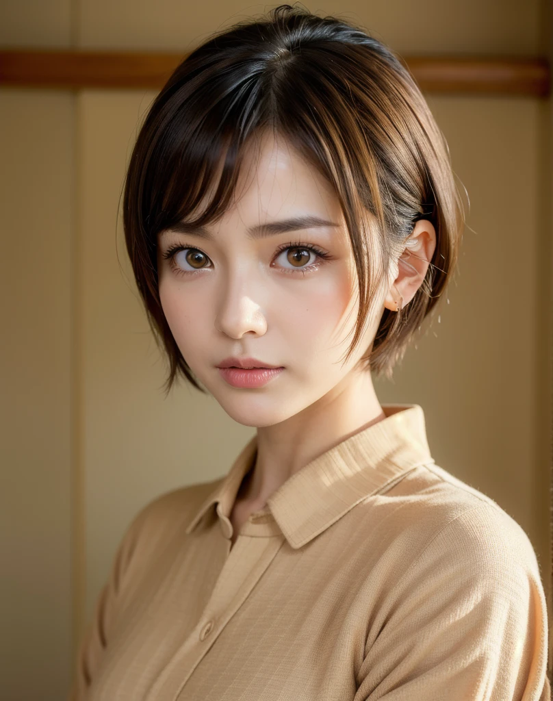 Highest quality, Face Focus, Soft Light, Ultra-high resolution, (Realistic:1.4), RAW Photos,
1 Japan, alone, cute, (pupil, Light in your eyes),  Beautiful face in every detail, (Small box),(High resolution detail of human skin texture),
(Short Hair),
indoor,
Damask Shirt Dress,
(Portraiture)