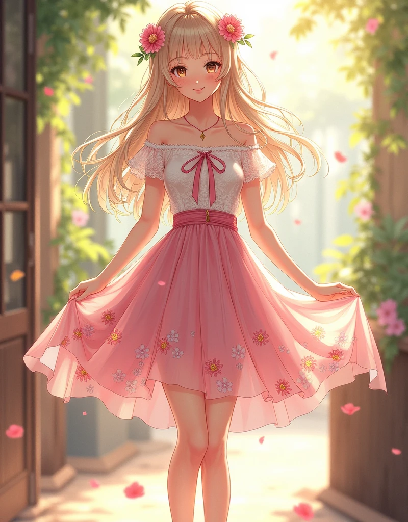 Ultra high quality，Long legs，Smile，Sunlight，Lace off-the-shoulder，Wear flowers on your head，student，charming，Ribbon，Pink skirt，Flowers on skirt，High heel，School Belle，whole body