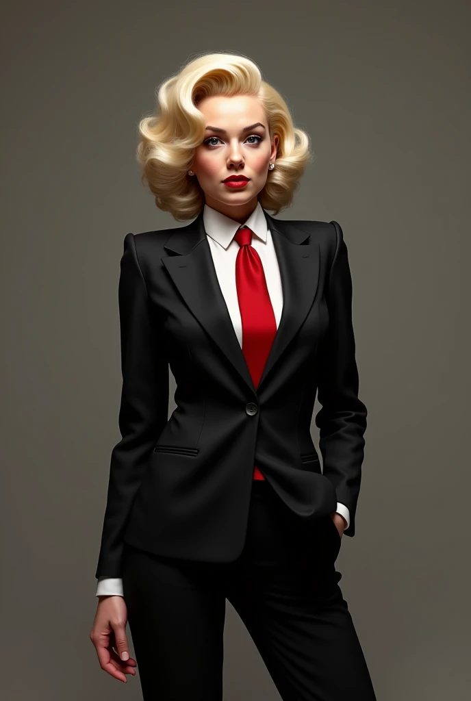 Marilyn Monroe in a classic black suit with a red tie.