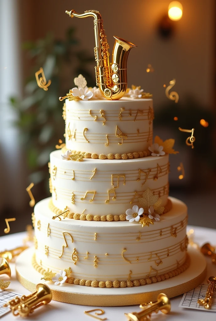 3-tier white and gold cake with lots of gold musical note details, instruments and scores and his saxophone on top