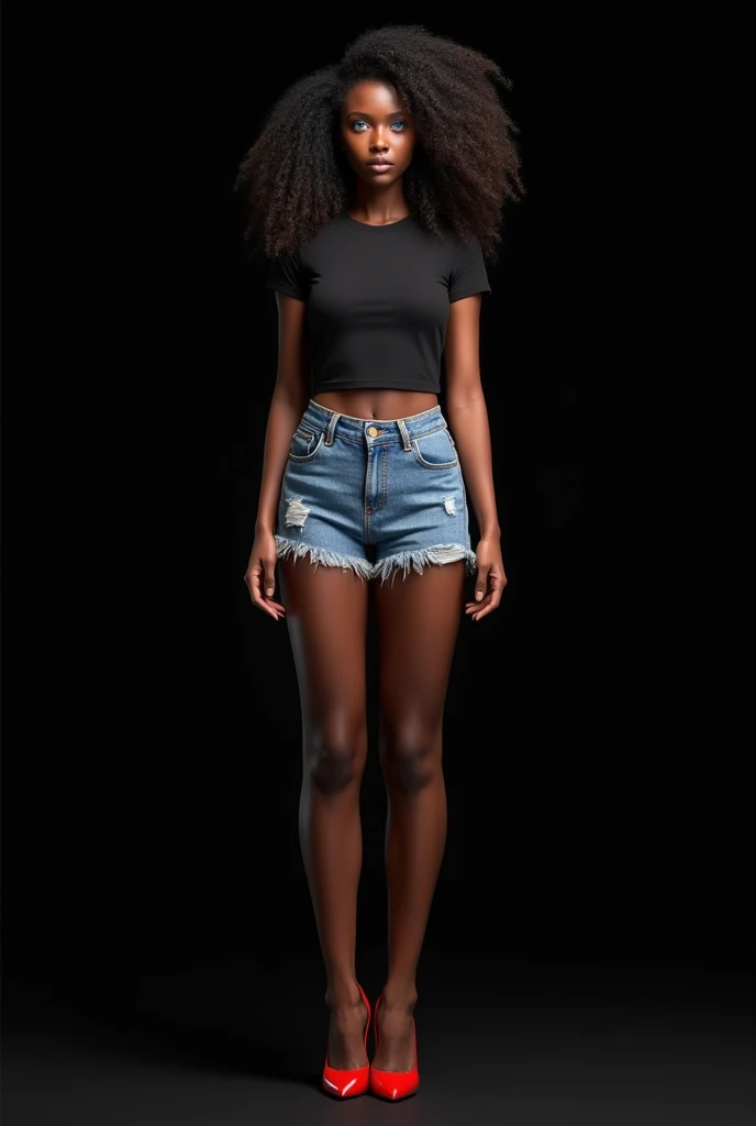 A stunning woman with amazing beauty and perfect proportions, full body nude. She has long, curly hair, with defined, natural curls that frame her face. Her eyes are a bright, deep blue, which contrasts with her intense black skin, similar to the tone of the inhabitants of Ethiopia.
He wears short denim shorts with a slightly distressed finish, showing realistic details such as visible seams and small stains that add authenticity. The cropped t-shirt is made of soft cotton, with a tight fit that shows off your navel; It has slight natural wrinkles in the fabric that adjusts to your figure. The red high-heeled shoes have a shiny finish and details such as the reflection of light in the material, accentuating their perfect silhouette.
The image must be photorealistic, of maximum quality, with high resolution and extremely detailed details in 8K. The black background highlights your silhouette, creating an elegant and modern contrast that allows you to appreciate all the nuances of your appearance. The focus is on the beauty of the character's slim body, capturing every detail with precision, from the texture of her skin to the shine of her shoes. The image must have a quality finish that makes it suitable as a wallpaper, with a photorealistic and raw appearance.