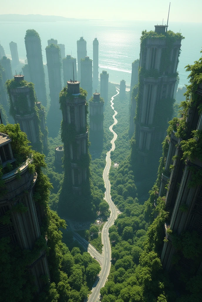 Ruins of a big city,Eternal Silence,Covered by plants,A photo-like world,Mr.々Buildings and roads,Wide-area imagery seen from mid-altitude,The sea shining in the distance,