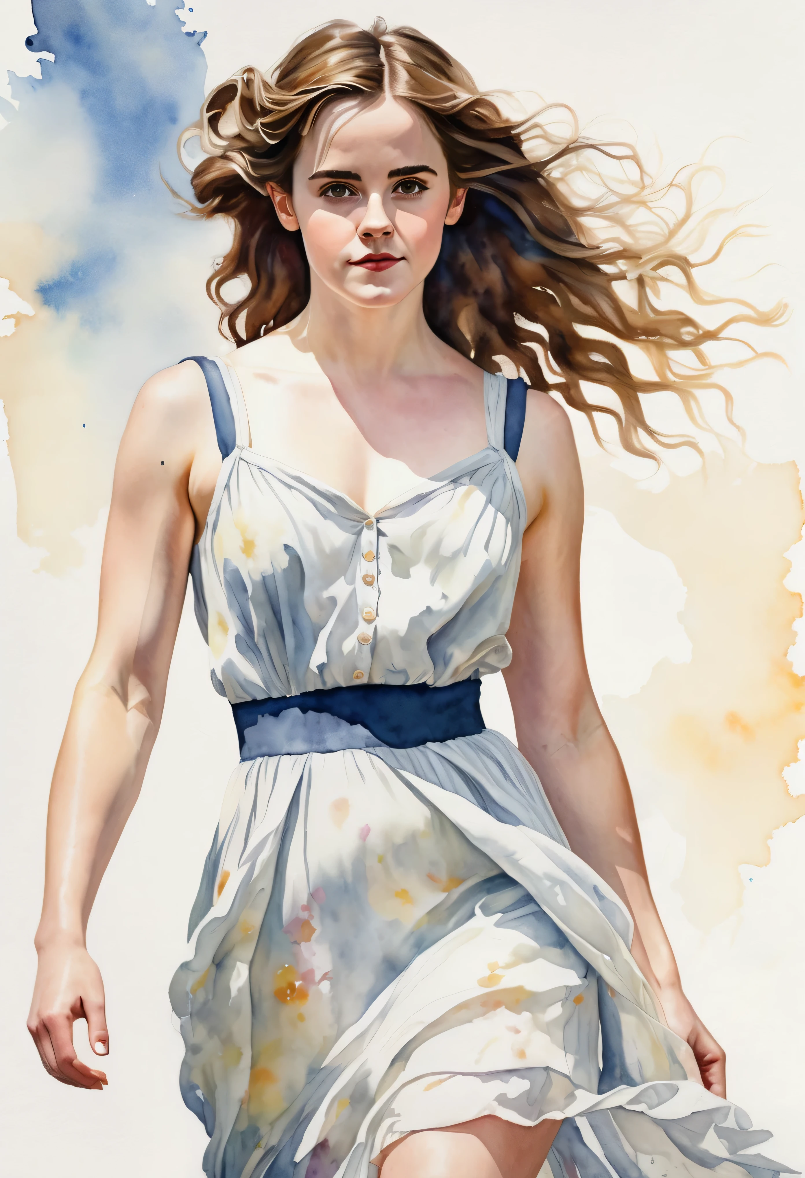 watercolor painting of a pale skin woman resembling Emma Watson, long wavy hair cascading down her shoulders, ((muscular body:1.1)), defined muscles in her arms and legs, large muscles accentuating her physique, huge breasts, wearing a short sundress, set against a softly blurred background featuring vibrant, classic elements in the style of Norman Rockwell, showcasing a blend of realism and artistic detail