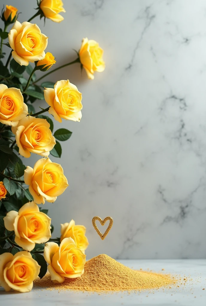High quality image , 4k. Many small yellow roses on the left side , gray background,  smooth texture,  some golden sands in the bottom.  Yellow line in the right side small heart shape above the golden sands