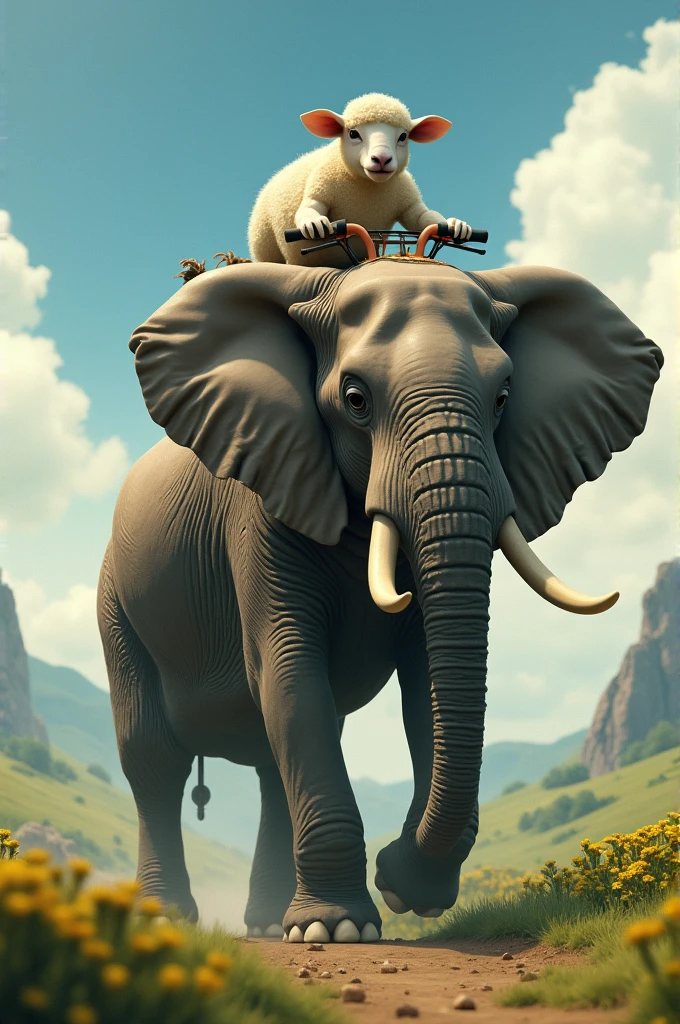 Sheep riding quad on elephant