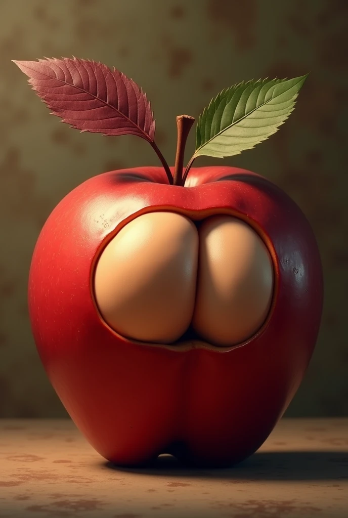 A surreal digital artwork featuring a large, bright red apple-like fruit with a smooth, glossy surface and subtle highlights. The fruit is split open, revealing a human buttocks, creating a striking visual juxtaposition between organic shapes. The buttocks are rendered in a light beige tone, contrasting sharply with the vibrant red of the fruit. Two leaves emerge from the top of the apple: a dark red leaf on the left with detailed veins and a slightly translucent appearance, and a lighter green leaf on the right with prominent, serrated edges and visible veins. The background is a muted brown with an abstract, blurred effect, resembling a shadowy frame or wall that enhances the focus on the central subject. The lighting is soft and diffused, creating a balanced exposure with moderate contrast and saturation, while highlighting the contours of the fruit and leaves. The overall composition is centralized, with the apple-like fruit taking up most of the frame, resulting in a whimsical and surreal atmosphere. The image has a semi-transparent overlay, adding depth and complexity to the surreal and provocative scene.
