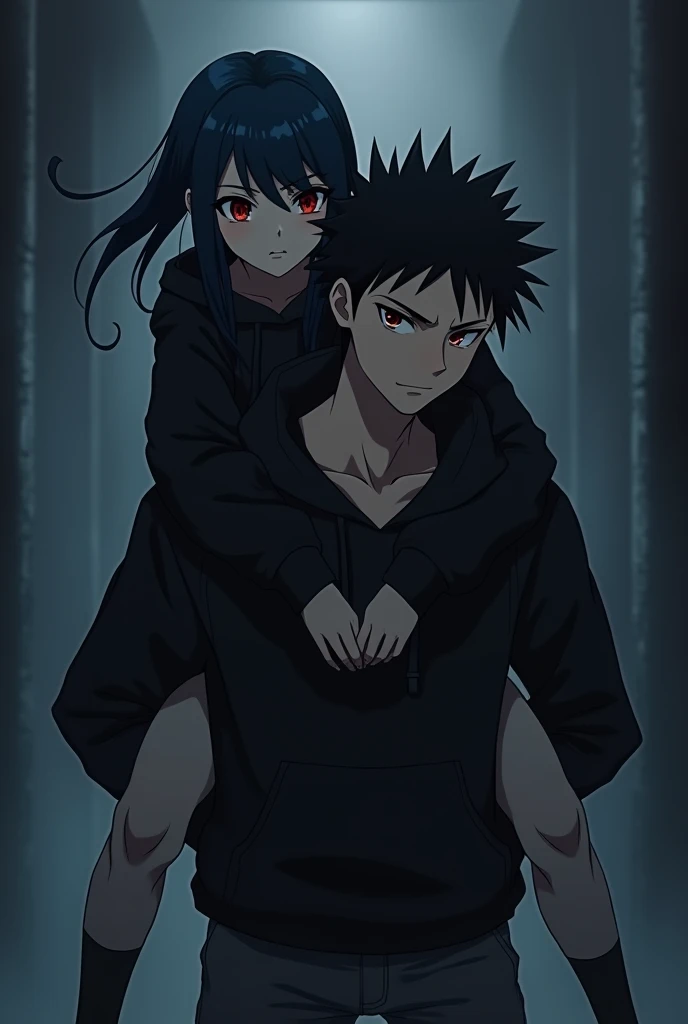 A boy ((( Anime boy , Spiky hair , black hair , black hoodie , blood red eyes , narrowed eye
))) , A girl ((( Anime girl , dark blue hair , modern day mullet hair style , black hoodie , red eyes , almond eye ))) , boy carrying girl , girl behind boy , piggy back ride , dark background