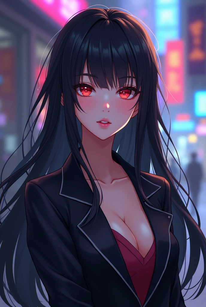 Mia: Beautiful, black-haired anime character, dressed in a stylish outfit, appears indifferent but secretly excited.