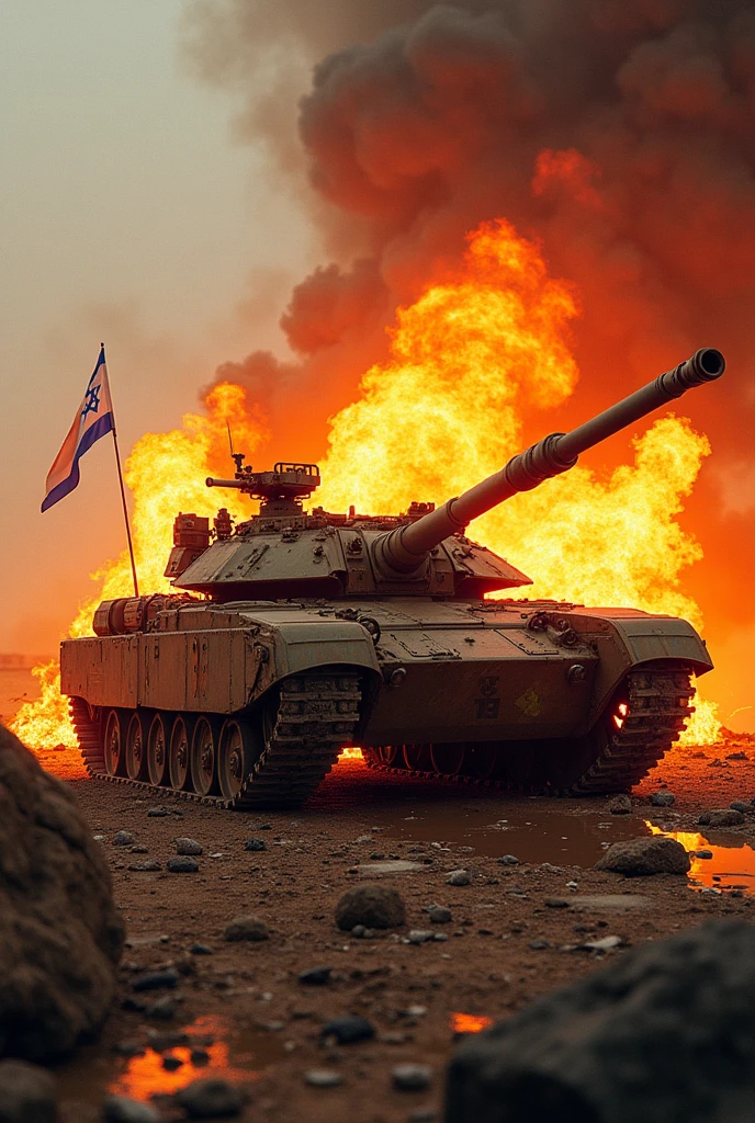 A tank carrying the flag of Israel is burning  and exploded