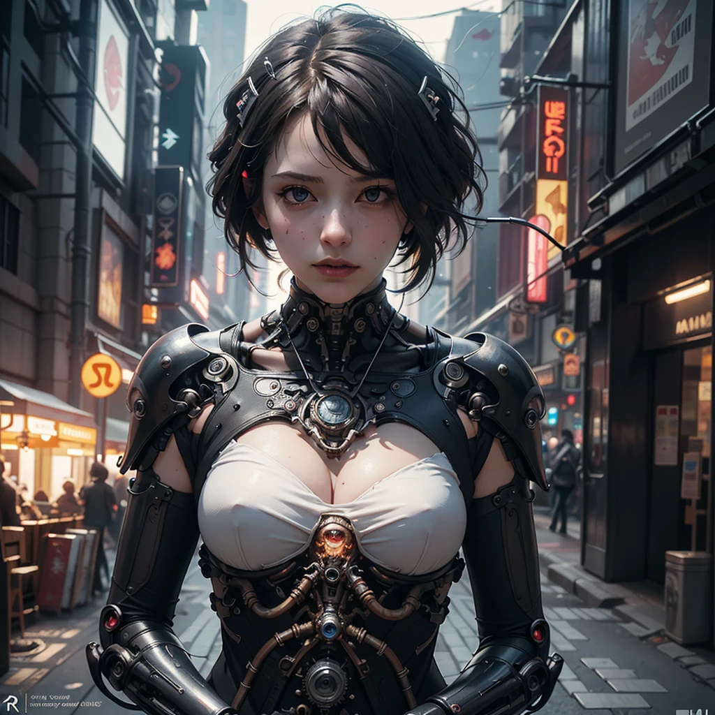 Top Quality, Masterpiece, Ultra High Resolution, ((Photorealistic: 1.4), Raw Photo, 1 cyberpunk Girl, Glossy Skin, 1 Mechanical Girl, (Ultra Realistic Details)), mechanical limbs, tubes connected to the mechanical parts, mechanical vertebrae attached to the spine, mechanical cervical attachment to the neck, wires and cables connecting to the head, Evangelion, Ghost in the Shell, global lighting, deep shadows, Octane Rendering, 8K, Ultra Sharp, Metal, Intricate Ornament Details, baroque details, Very intricate details, realistic light, HDR, CGSoation trend, facing the camera, neon details, (android manufactory in background), ((art by H.R. Giger and Alphonse Mucha.))