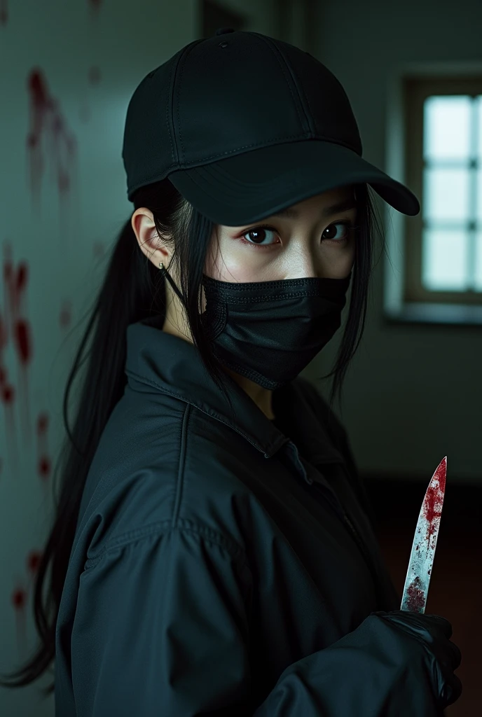 korean girl, (behind stiff, holding knife), stabbing, black surgical mask, black gloves, black raincoat, trucker hat, holding knife, black gloves, woman on top, behind cadaver, blood splatter, torture, looking at viewer, mass murderer, killer, low ponytail, blood splatter, dark atmosphere, cinematic lighting, atmospheric realistic, light from the window,
