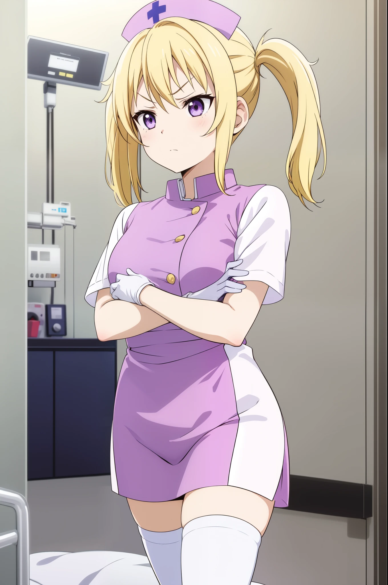 1girl, solo, nurse, nurse cap, white nurse uniform, ((white legwear, zettai ryouiki)), white gloves, twintails, yellow hair, purple eyes, angry, crossed arms, standing, ((hospital room)), sharp outline, short sleeves, best quality, masterpiece