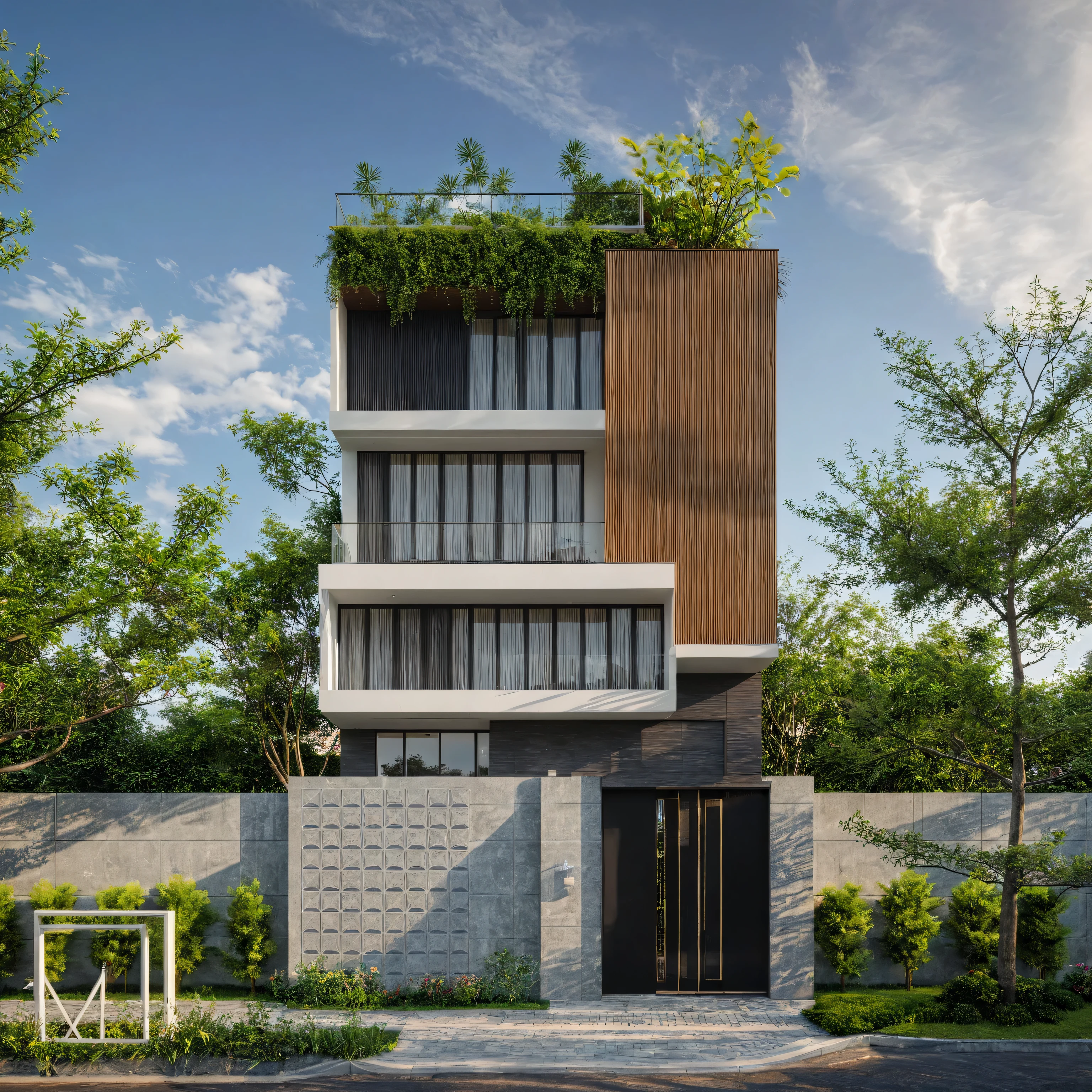 modern villa on street, (daylight), tropical tree, (slope roof, black tiled roof:1.2), vivid color, streetcapes, nice sky, grey tone, large glass door, warm interior lighting, modern material, best quality, ultra realistic, masterpiece, 17ArchiAI_XL_VL-v1
