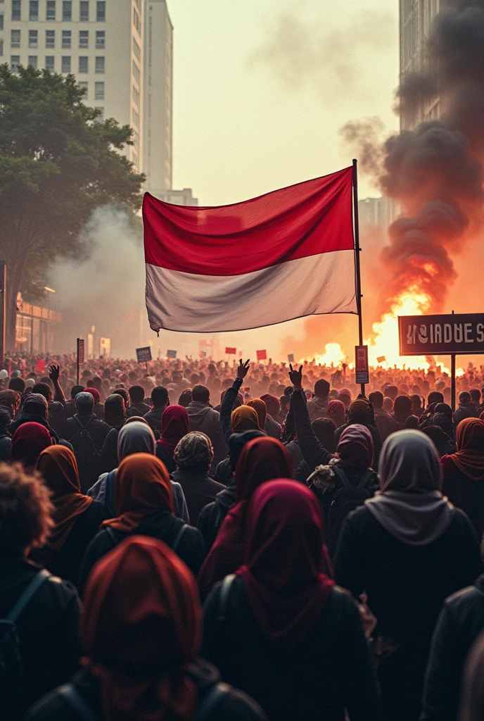 Students and the public wearing head coverings are holding a large demonstration"while carrying a red and white flag . Tear gas was scattered everywhere, fire was everywhere, the demonstration situation was getting more chaotic.. And there is a signboard that says INDONESIA