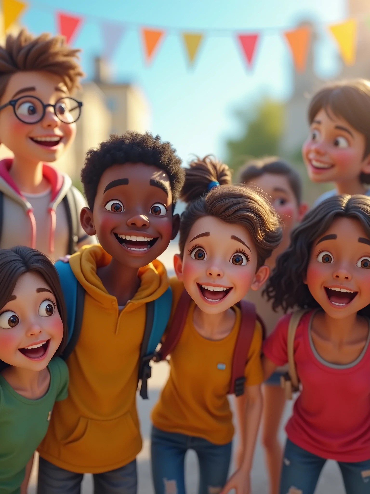 An ultra-realistic 3D image depicting a group of diverse students, aged 10 to 18, in a vibrant, outdoor setting. The students are captured in a candid moment of happiness and connection, with each character showing detailed, lifelike features, including natural skin tones, varied hairstyles, and realistic clothing textures. The scene is set in a sunlit environment, with subtle but visible decorations like banners and posters celebrating Statewide Student Week. The overall composition is designed to emphasize the energy and positivity of the students, rendered in stunning 8K resolution, making it ideal for a high-impact promotional campaign.