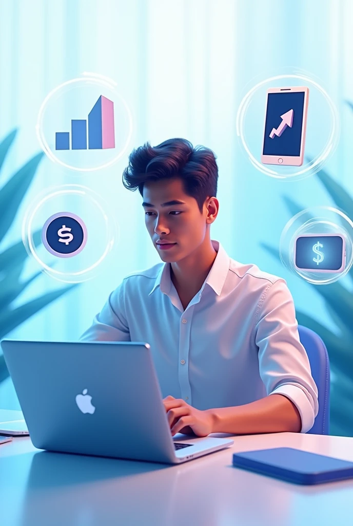 A modern, vibrant design featuring a professional adult (late teens to early twenties) sitting in front of a laptop, surrounded by symbols of online success (e.g., a growing graph, a smartphone with a rising arrow, a tablet with a dollar sign). The background could be a subtle gradient of blues and whites, conveying a sense of technology and innovation.