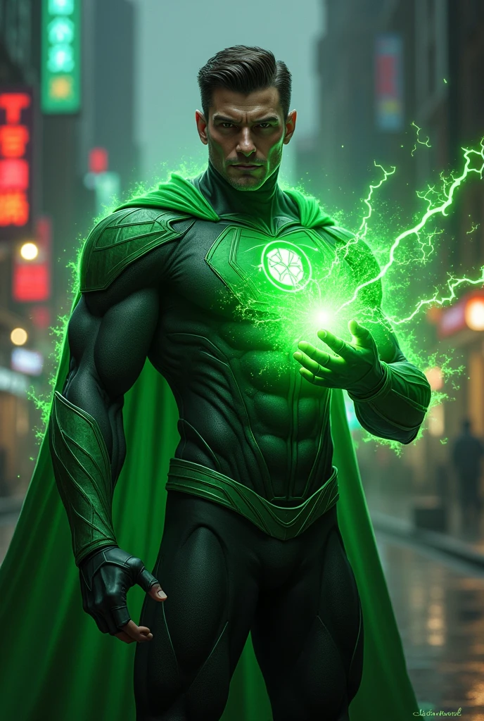 A superhero, naughty man, with healing power and a green power coming out of the hands