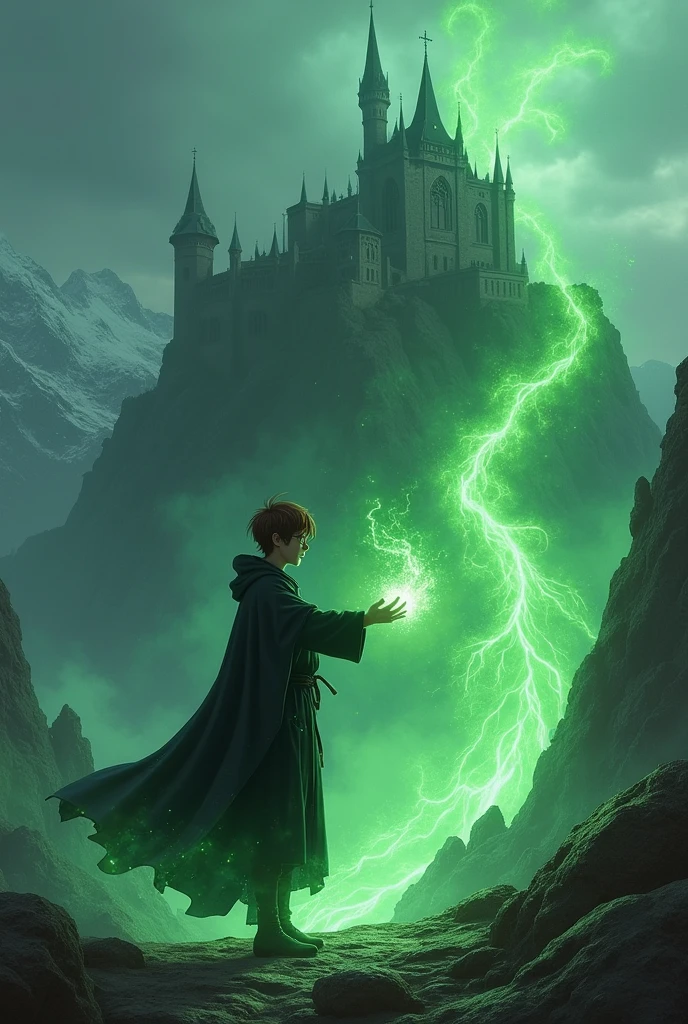 A 23-year-old wizard boy, with short hair, Brown color. He wears a black cape and clothing with subtle hints of green.. He also wears black glasses.. It is located in front of a very large castle., old baroque style, It also has a very sinister aura., which rests on some green and somewhat snowy mountains. The weather is cold and very cloudy. Has a green aura around him. It also generates green fire.. She has a slender body. 