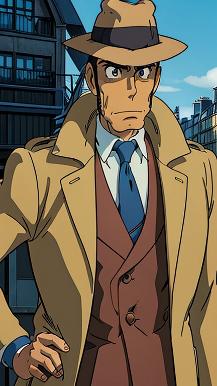 (1man, zenigata), (extremely detailed CG unit 8k wallpaper),(master part), (best quality), (ultra detail), (best illustration),(ghibli style), cowboy shot, (Sharp eyeliner, ombre, detail eyes:1), Paris in the 50, outdoors , break , (GHIBLI_Background), upper body, trenchcoat,