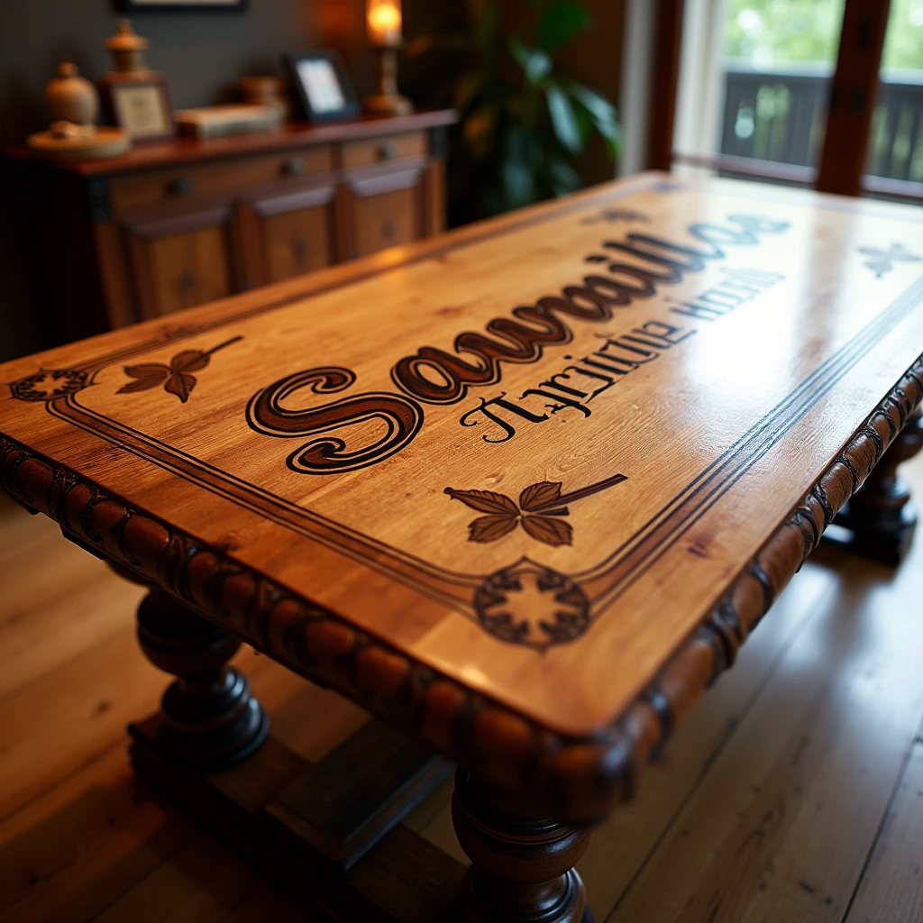 The wooden table displays a refined and high-quality design, standing out for its excellent finish and the beauty of its material. The top, made of solid wood, features a polished finish that highlights the richness of the natural veins and subtle color variations, with a deep brown tone accentuated by golden nuances that reflect the light in a sophisticated way.
Centered on the top, It is recorded "Sawmill Paradise Woods" in large, elegant letters. The inscription is meticulously carved and filled in with black ink., providing a striking contrast with the wood background. The chosen typography is classic and precise, giving an air of professionalism and distinction.
The edges of the top are gently rounded and detailed with carvings that complement the overall finish.. The legs of the table, also made of solid wood, are robust and turned, ending in feet with a polished finish. The structure is designed to ensure stability and durability, making the table not only an aesthetically pleasing piece, but also functional and resistant.