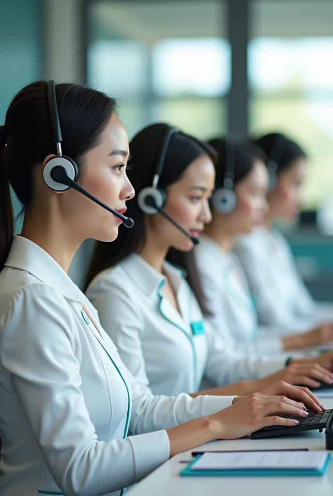 Four asia women are calling customer via softphone. They wear white uniform with some turquoise