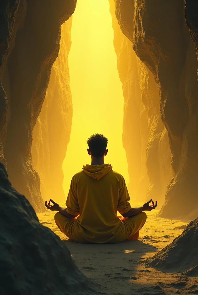 A man in yellow in a cave in his mind