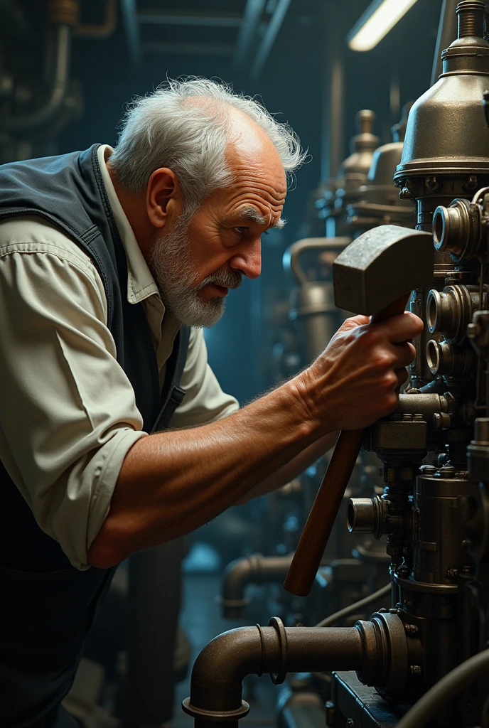An able old engineer carefully observed a ship's engine and picked up a hammer




