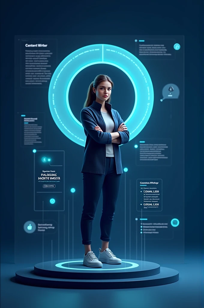 Create a futuristic realistic 3D illustration of a content writer, the logo forms a circle, below it is a ribbon with the name "Ai prompt Engineer" on dark blue background