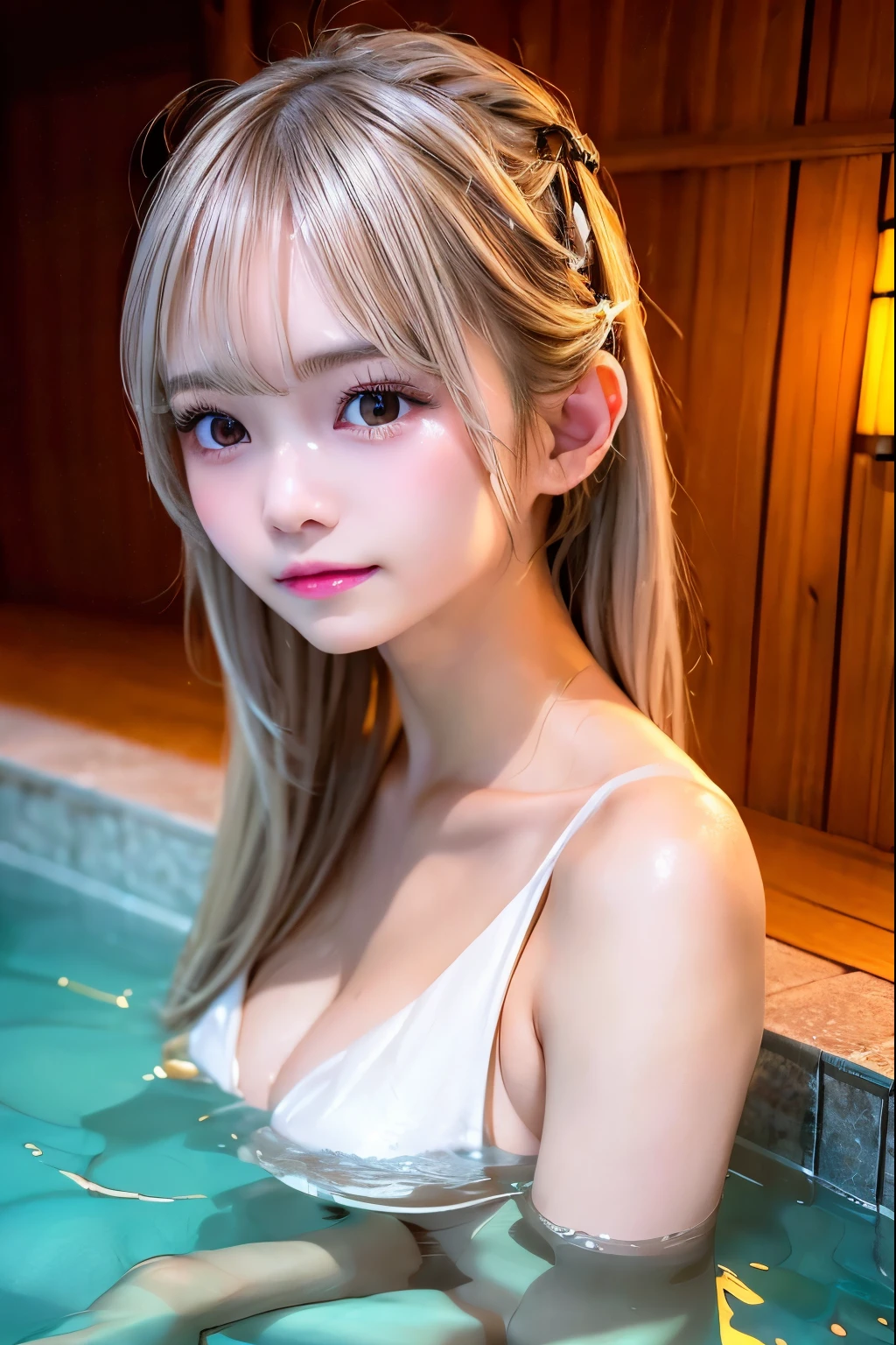 1 girl, she is in the ONSEN , Taking a bath in a hot spring, bathing,silver straight hair, blondes, medium long hair, she is AYA MIYABI, 2, Bishojo, looking at viewer, she is famous Japanese idol, kawaii, (mascara), eyeliner, almond eye, natural eyebrows, thin lips, Natural color lip, extremely detailed skin, fair skin, smile, cute, realistic face, slender face, beautiful skin, flat chest, clavicle, slender body, Forehead, delicate thighs, skinny legs, lean legs, Best quality, (8k, RAW photo, best quality, childish face, masterpiece:1.2), ultra-detailed, (realistic, photo realistic:1.37), high detail RAW color photo, an extremely delicate and beautiful, extremely detailed(Selfie:1.1), finely detail,