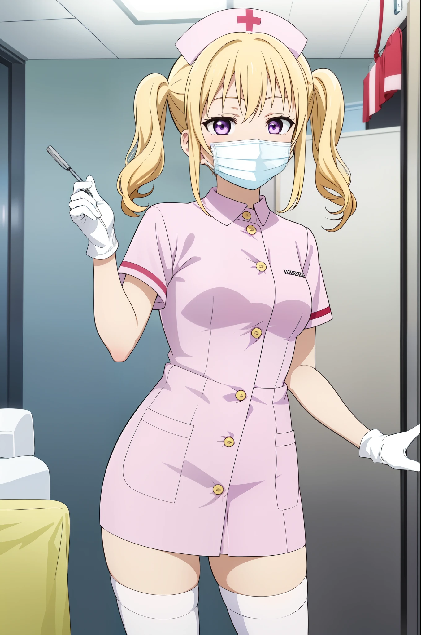 1girl, solo, nurse, nurse cap, white nurse uniform, ((white legwear, zettai ryouiki)), white gloves, twintails, yellow hair, purple eyes, ((white surgical mask, covered nose)), standing, ((hospital room)), sharp outline, short sleeves, best quality, masterpiece