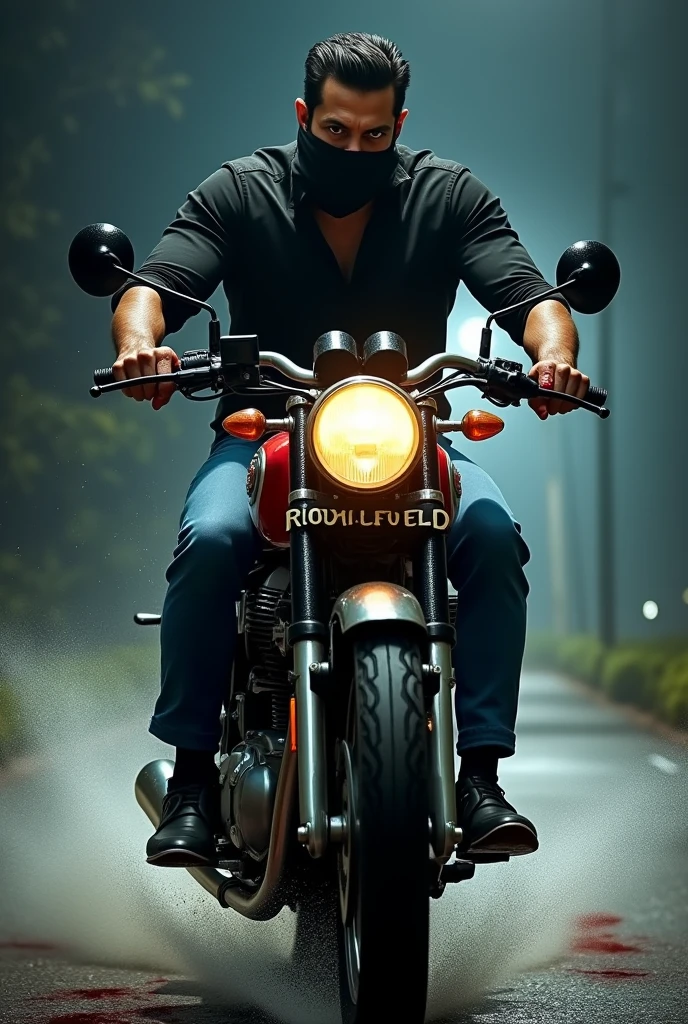 30 years Indian man is riding on royal Enfield bike very angry, he wears black shirt,blue jeans, stylish shoes. this is at night time, strong wind is there. His palm of hand covered with blood. His face is hidden with kerchief, blood water is splashes with bike. He has six pack body