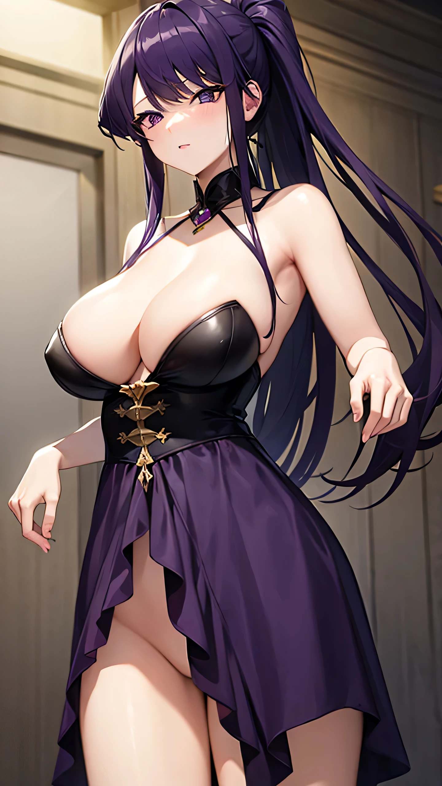 Purple hair、purple eyes、big breasts、Drooping eyes、ponytail、Completely naked、anime style