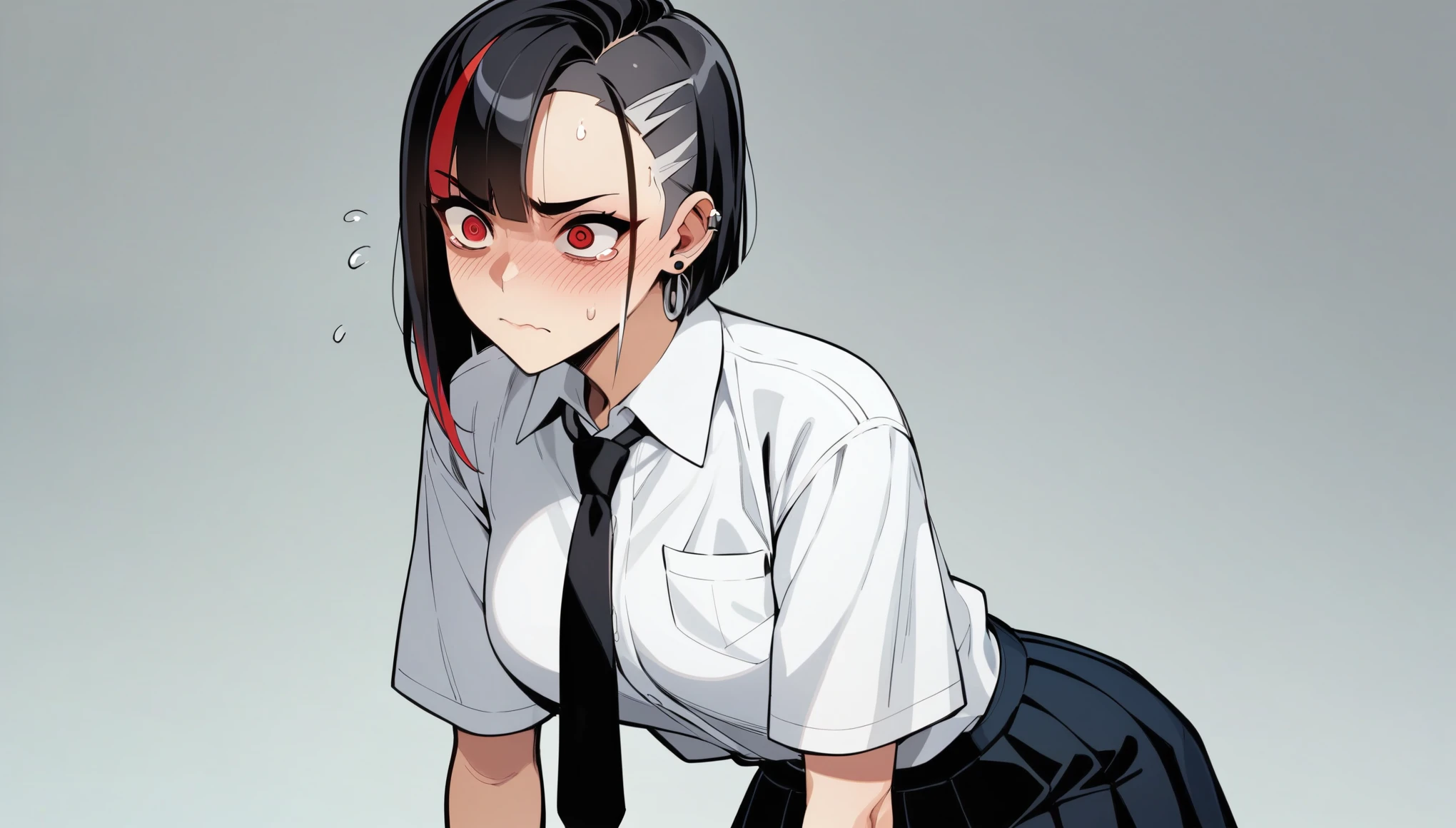 Embarrassed、Embarrassing、cyber punk、1girl、black hair, ((highlights hair, silver streaked hair))、blunt bangs、White shirt、Black tie、Pleated skirt、Red Eyes、Korean、Downtown at night、Slam Dunk、Straight Hair、Bobcut、Earrings