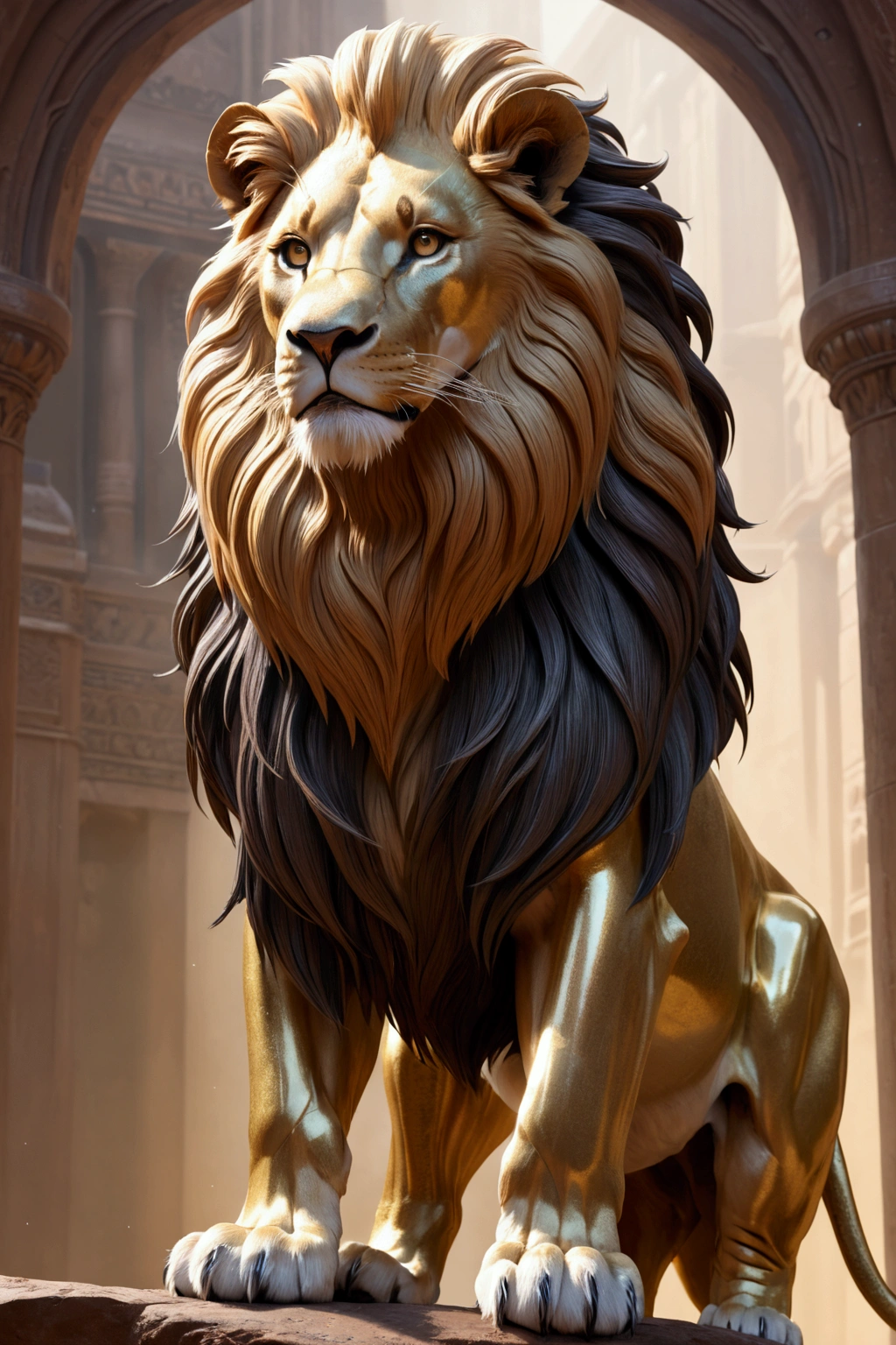 “A stunning lion from the future, shiny coat, sharp edges'“