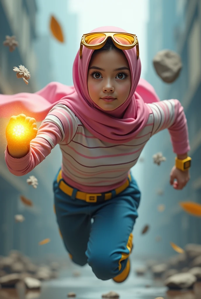 Malaysia women a realistic masterpiece. Human .wear pint watch.. 1girl wearing a hijab, detailed beautiful face, Hijab Muslim. Wear long sleeve moder design pink white pink stripe white. anger face, minimalist flower on shirt. Enger face. Open mouth. Glowing power pink. . Wear pink white.small Safety Pink yellow glasses google spectacle top of the head rubber band. Age 15 year old. Flying position. Fast fly. Panning effect Photography . Jump on and have a super strong power.. punch . Fight pose. Bokeh background.glowing fist.. At the city. Bad waether. , detailed lips, long eyelashes. Hero, modest expression, delicate facial features, natural skin tones, , detailed folds and textures of hijab, natural lighting, high quality, photorealistic, 8k, best quality. Malaysia girl. Floating small stone and dry leave. Chinese girl average age 15 year old wear jumpa shuit high tech(( blue yellow)). Running effect. Glowing yellow power. Runfast effect. Wear blue big glasses big frame. Braces teeth. Boleh background. Panning effect. Yellow high tech watch.