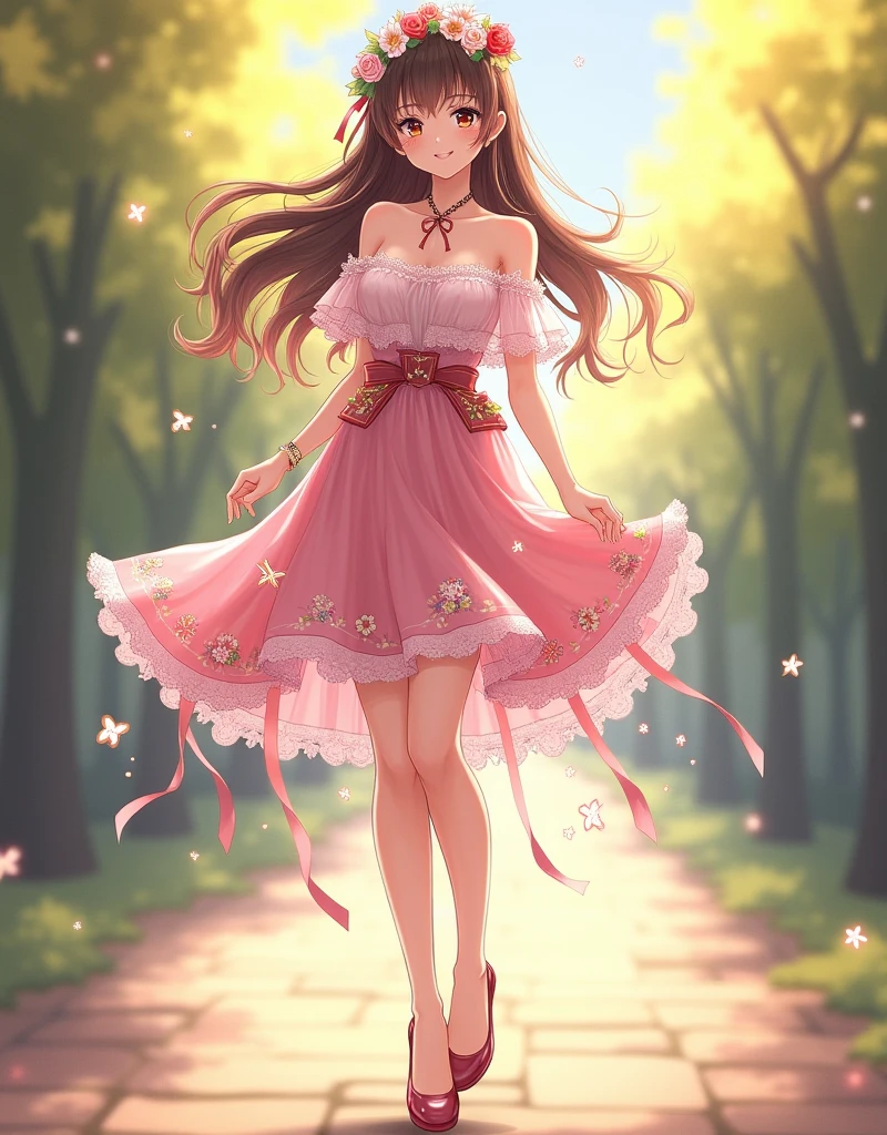 Ultra high quality,Long legs,Smile,Sunlight,Lace off-the-shoulder,Wear flowers on your head,student,charming,Ribbon,Pink skirt,Flowers on skirt,High heel,School Belle,whole body