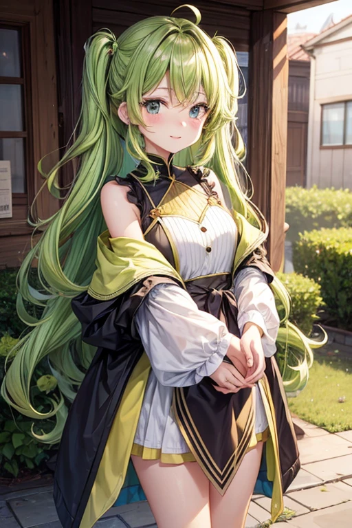Pale green hair、Long Hair、Yellow、cute、Cat ear、Flat Chest、pants