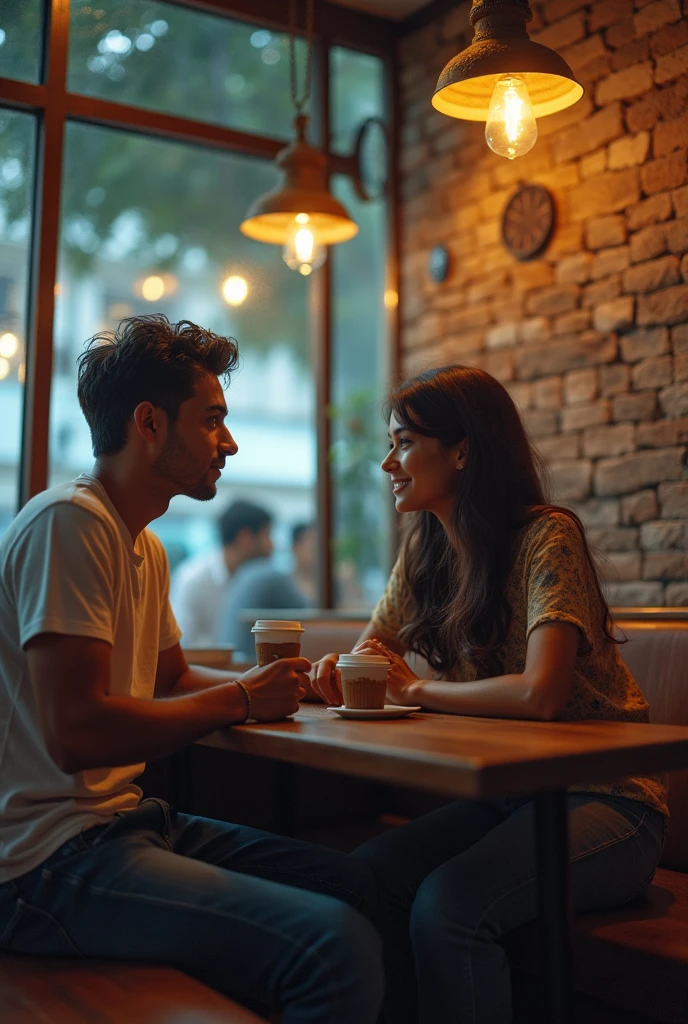 A boy age 27 south India from andhrapradesh wear jeans and t-shirt dusky skin and he came to a coffee shop and there was a girl age 25 north India from mumbai looks very modern she wears western dress looks very beautiful and active both of them were accidentally collided inside a coffee shop with full crowd and outside the weather was cloudy and drizzling