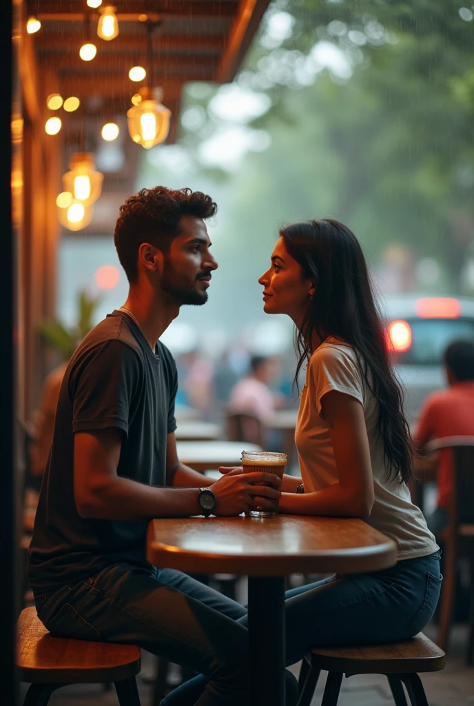 A boy age 27 south India from andhrapradesh wear jeans and t-shirt dusky skin and he came to a coffee shop and there was a girl age 25 north India from mumbai looks very modern she wears western dress looks very beautiful and active both of them were accidentally collided inside a coffee shop with full crowd and outside the weather was cloudy and drizzling