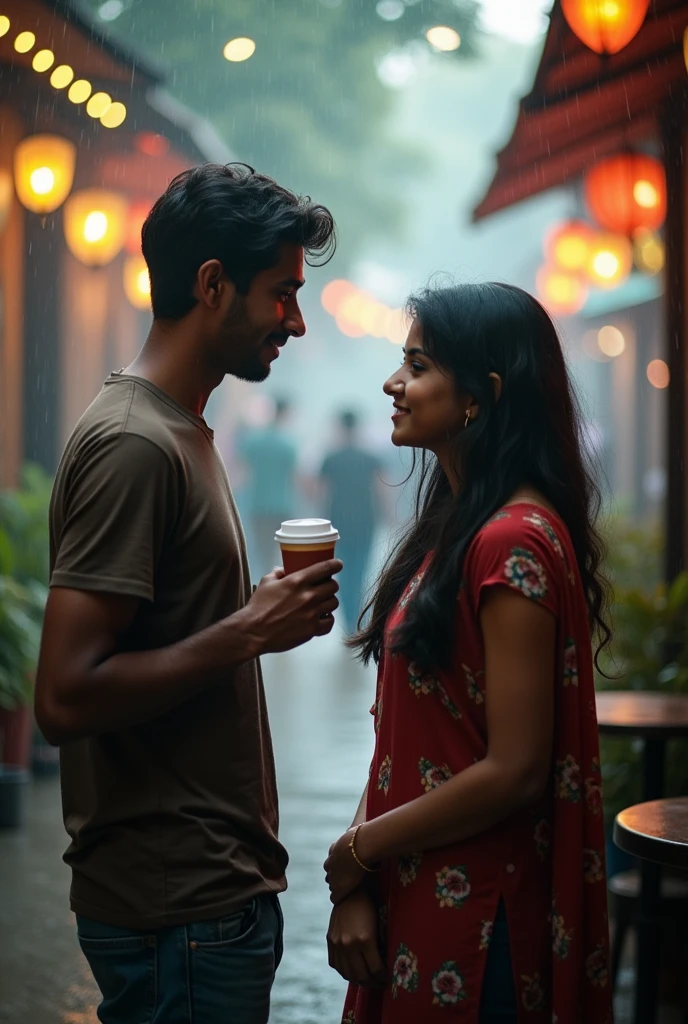 A boy age 27 south India from andhrapradesh wear jeans and t-shirt dusky skin and he came to a coffee shop and there was a girl age 25 north India from mumbai looks very modern she wears western dress looks very beautiful and active both of them were accidentally collided inside a coffee shop with full crowd and outside the weather was cloudy and drizzling