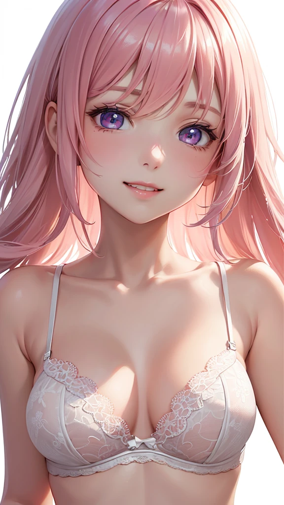 Best Quality,High resolution,8k,(plain white background, no patterns, no textures, just a plain white background:1.3),Masterpiece:1.2),beautiful girl,Big Breasts,(Shiny pink hair:1.3),messy hair,Beautiful pink eyes,A set of lingerie featuring intricate lace detailing(black color). The bra has delicate lace trim along the edges with a floral or geometric pattern, and adjustable straps with small, refined accents. The panties are designed with matching lace, featuring a soft, breathable fabric with a touch of elegance. The color scheme is sophisticated, such as soft pastels or classic black with subtle touches of gold or silver,Gentle look,A refreshing look,smile,Best quality,Best Quality,Aesthetic and aesthetic:1.2,Best details((Super detailed))(High-definition CG illustrations),Slender body,smile,blush,cute,Scrounge,Looking up,Being spoiled,wariza