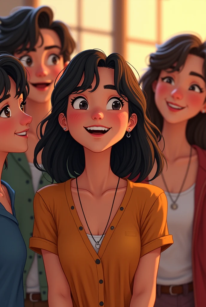 Mia: Surrounded by friends, including Jake, her childhood friend with messy black hair and a mischievous grin. Mia's face is flushed with excitement.