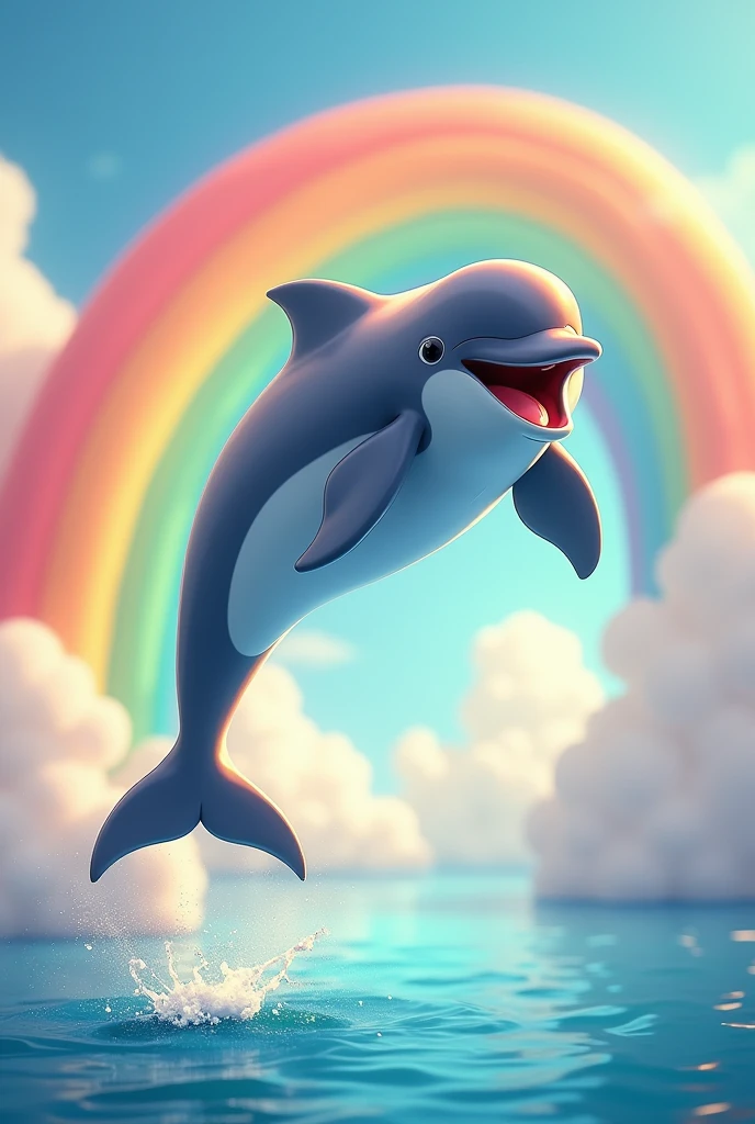 Create image of dolphin with rainbow in background laughing
